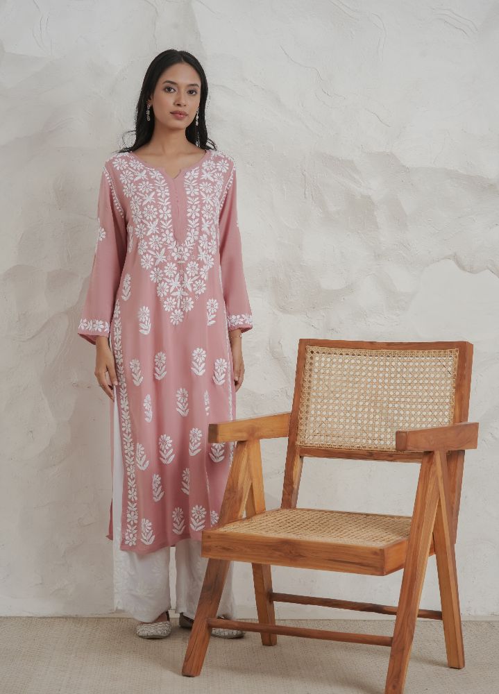 Gharana India Modal Onion Pink Coloured Chikankari Kurta - Distacart