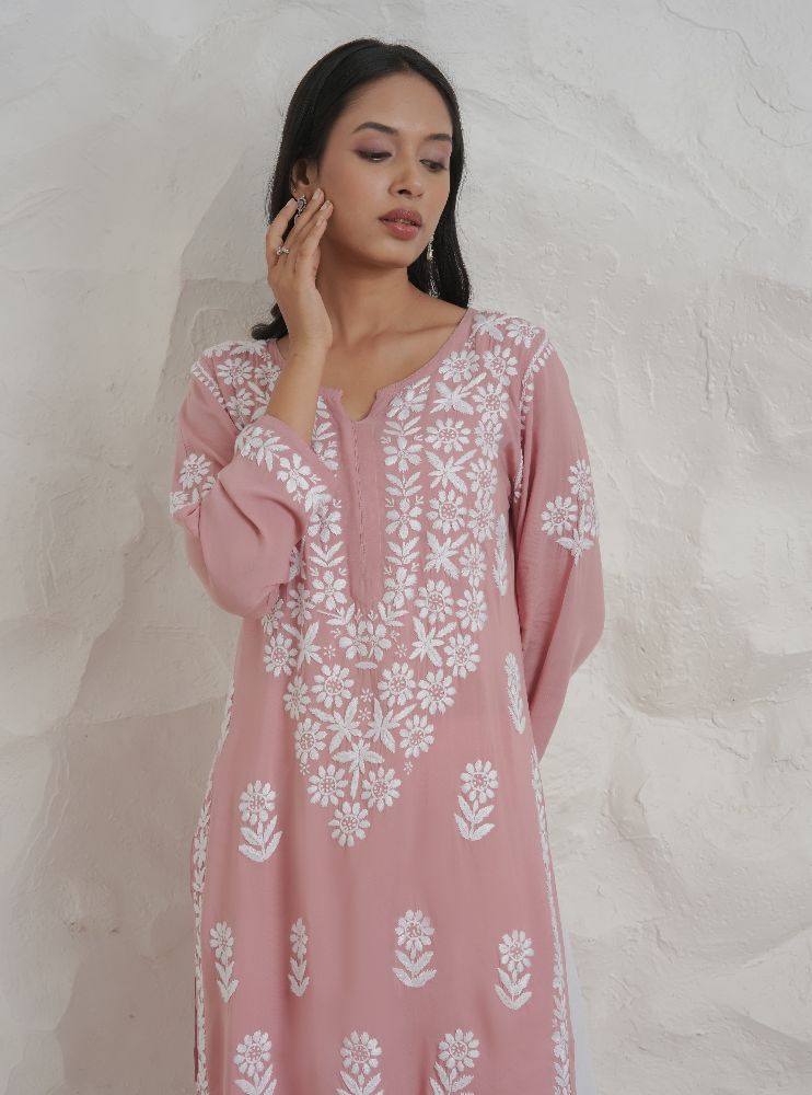 Gharana India Modal Onion Pink Coloured Chikankari Kurta - Distacart