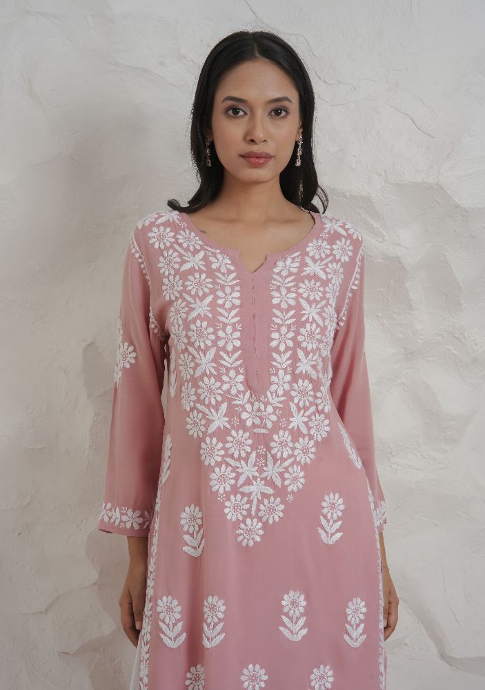 Gharana India Modal Onion Pink Coloured Chikankari Kurta - Distacart