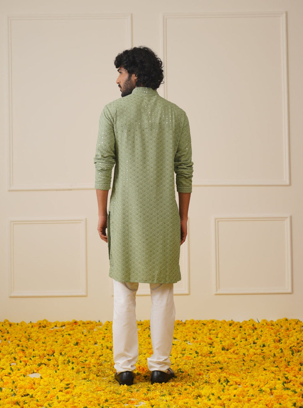 Jompers Men's Pista Green Chikankari Embroidered and Sequence Kurta