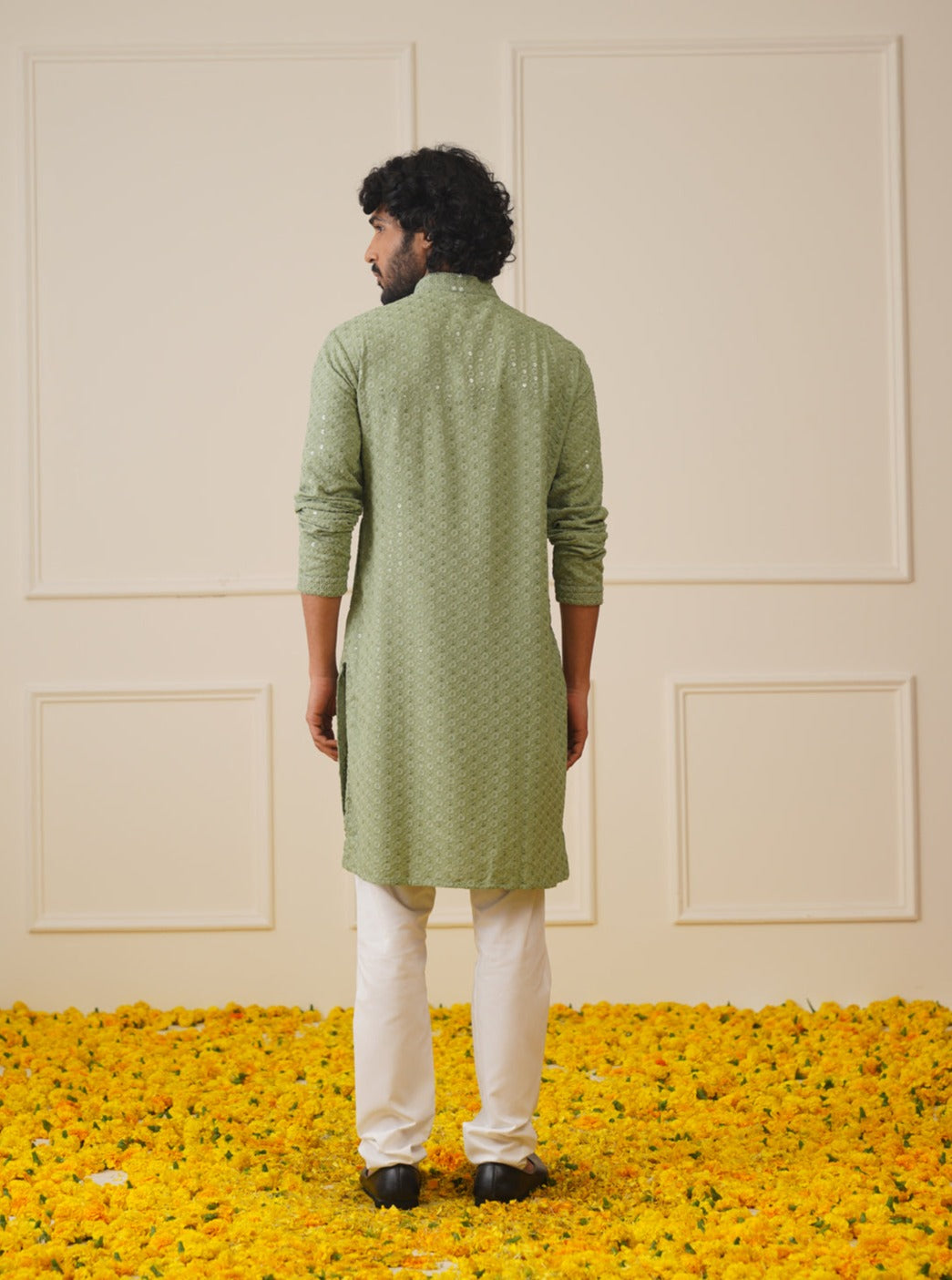 Jompers Men's Pista Green Chikankari Embroidered and Sequence Kurta