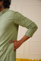 Jompers Men's Pista Green Chikankari Embroidered and Sequence Kurta