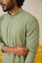 Jompers Men's Pista Green Chikankari Embroidered and Sequence Kurta