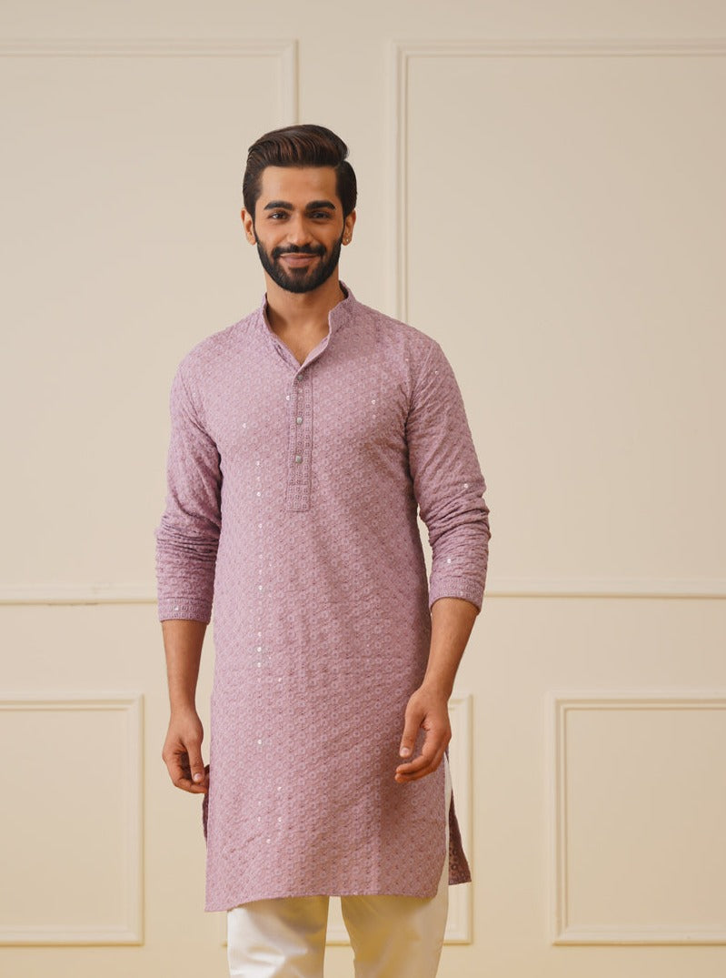 Jompers Men's Light Purple Chikankari Embroidered and Sequence Kurta Only