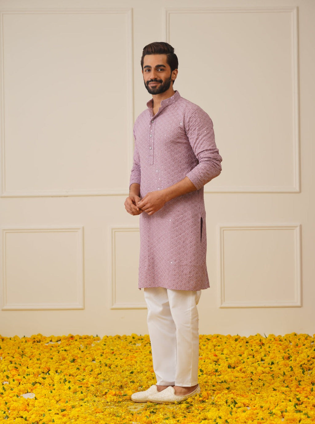 Jompers Men's Light Purple Chikankari Embroidered and Sequence Kurta Only