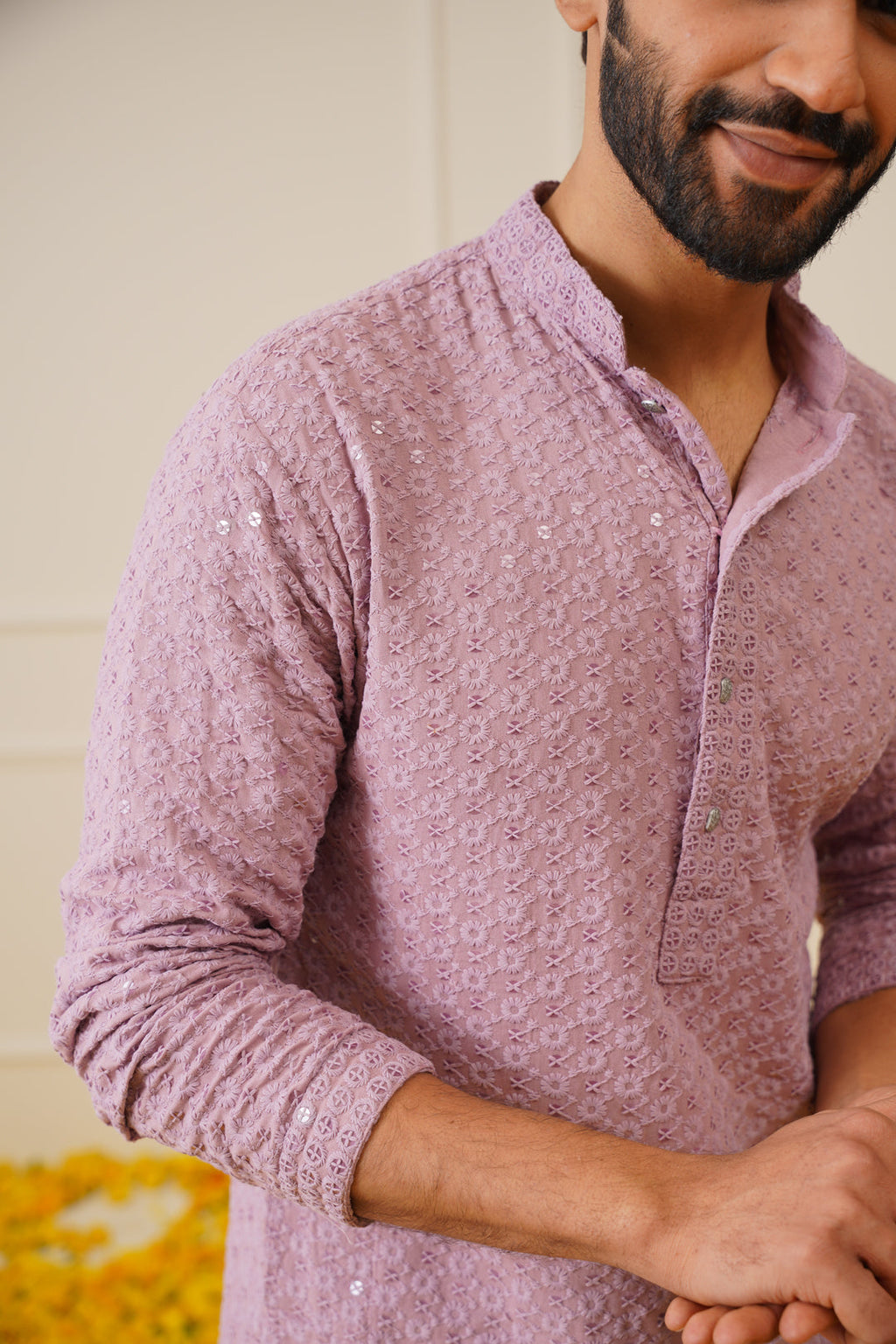 Jompers Men's Light Purple Chikankari Embroidered and Sequence Kurta Only