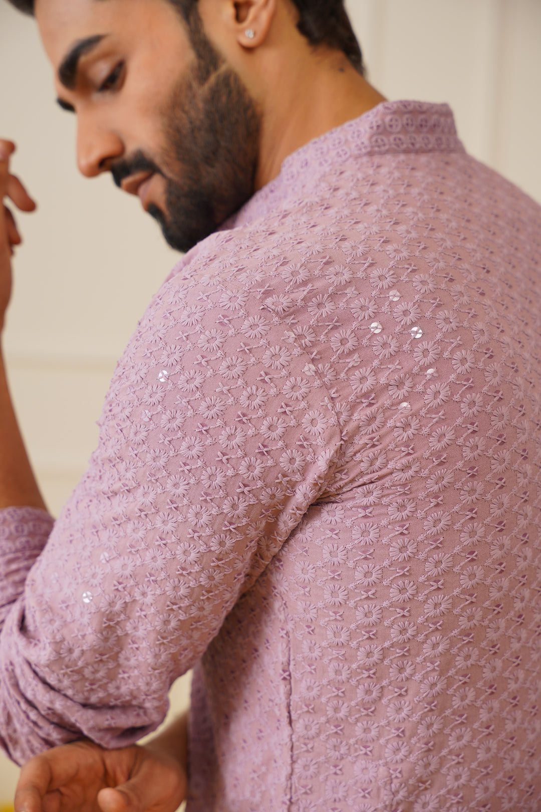 Jompers Men's Light Purple Chikankari Embroidered and Sequence Kurta Only