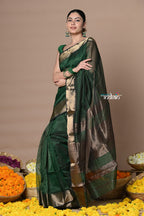 Very Much Indian Rajsi - Handloom Ari Checks Cotton Silk Saree with Golden Border - Dark Green