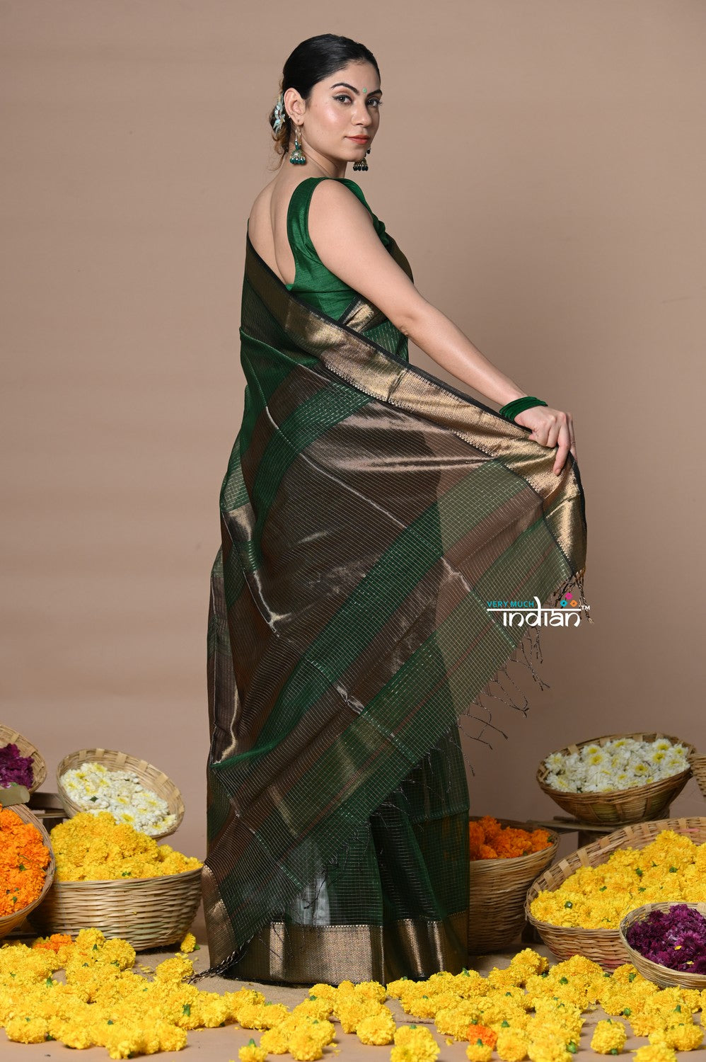 Very Much Indian Rajsi - Handloom Ari Checks Cotton Silk Saree with Golden Border - Dark Green