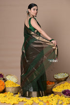 Very Much Indian Rajsi - Handloom Ari Checks Cotton Silk Saree with Golden Border - Dark Green