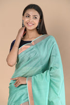Very Much Indian Handloom Cotton Silk Saree With Sleek Golden Border - teal green - Distacart