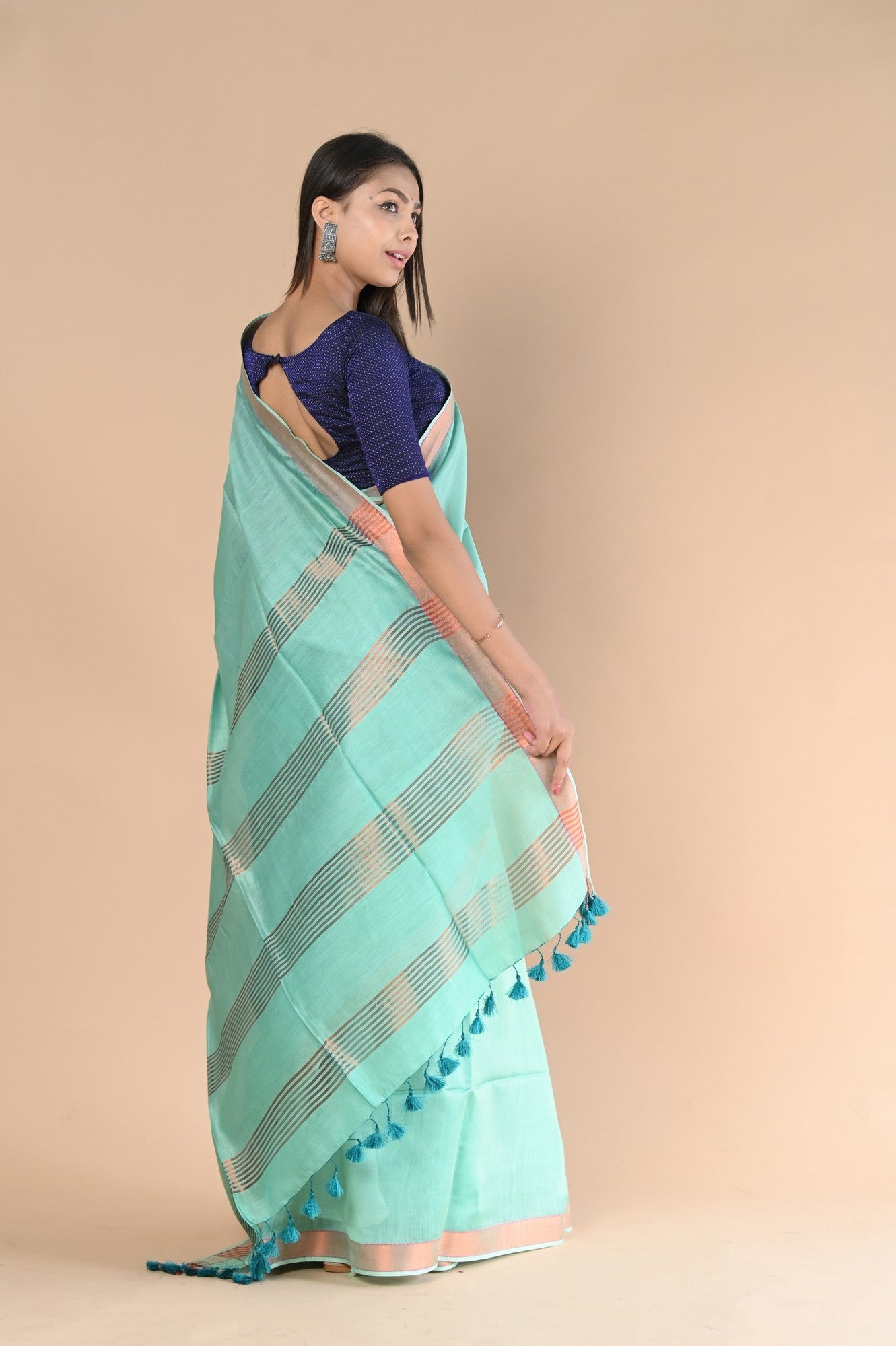 Very Much Indian Handloom Cotton Silk Saree With Sleek Golden Border - teal green - Distacart