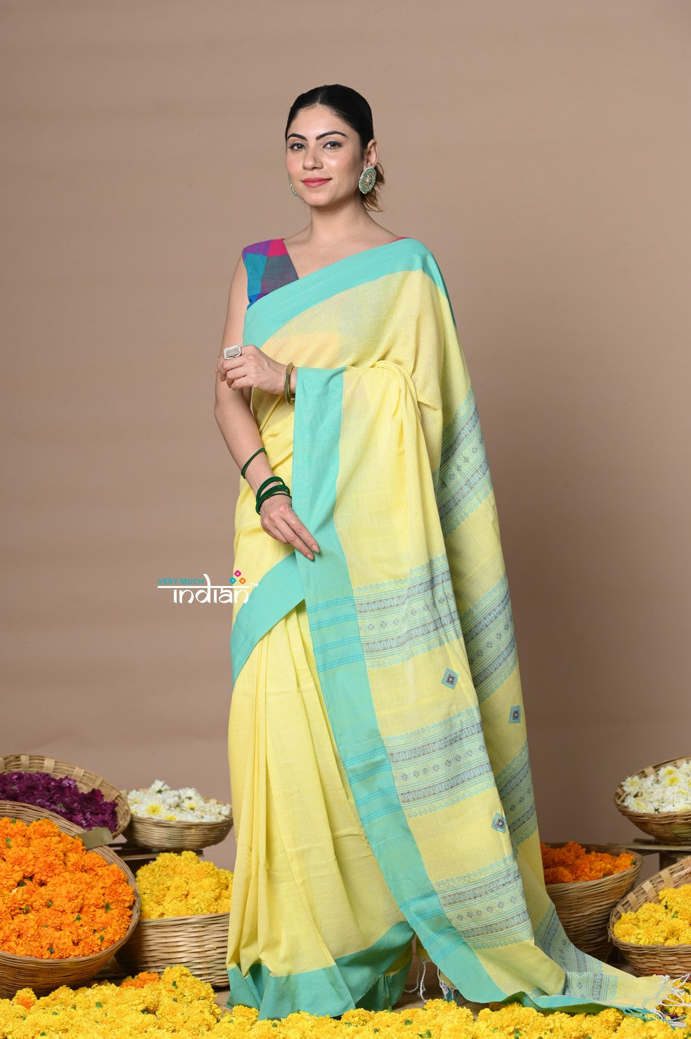 Very Much Indian Rajsi - Handloom Pure Cotton Saree with Classic Border and Pallu - Yellow - Distacart