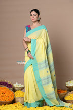 Very Much Indian Rajsi - Handloom Pure Cotton Saree with Classic Border and Pallu - Yellow - Distacart