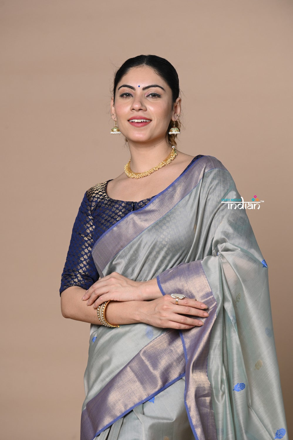 Very Much Indian Rajsi - Handloom Cotton Silk Saree with Golden Border - Grey