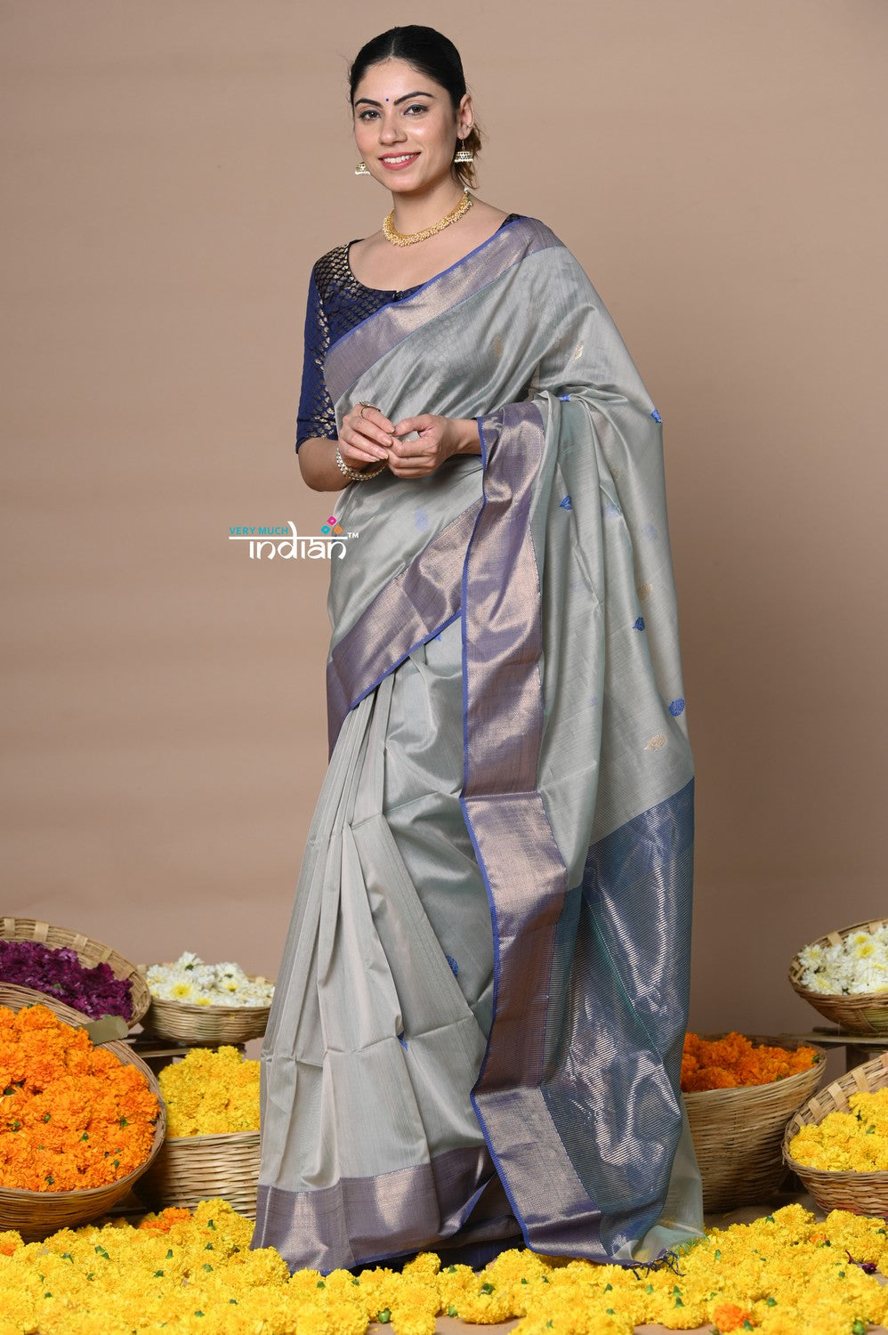 Very Much Indian Rajsi - Handloom Cotton Silk Saree with Golden Border - Grey