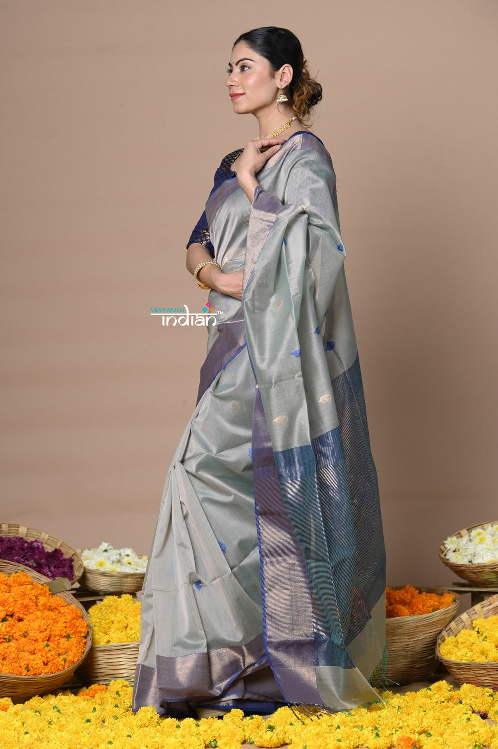 Very Much Indian Rajsi - Handloom Cotton Silk Saree with Golden Border - Grey
