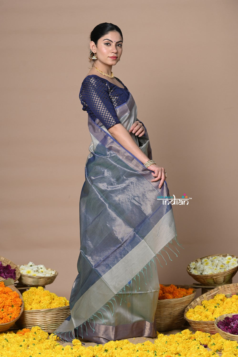 Very Much Indian Rajsi - Handloom Cotton Silk Saree with Golden Border - Grey