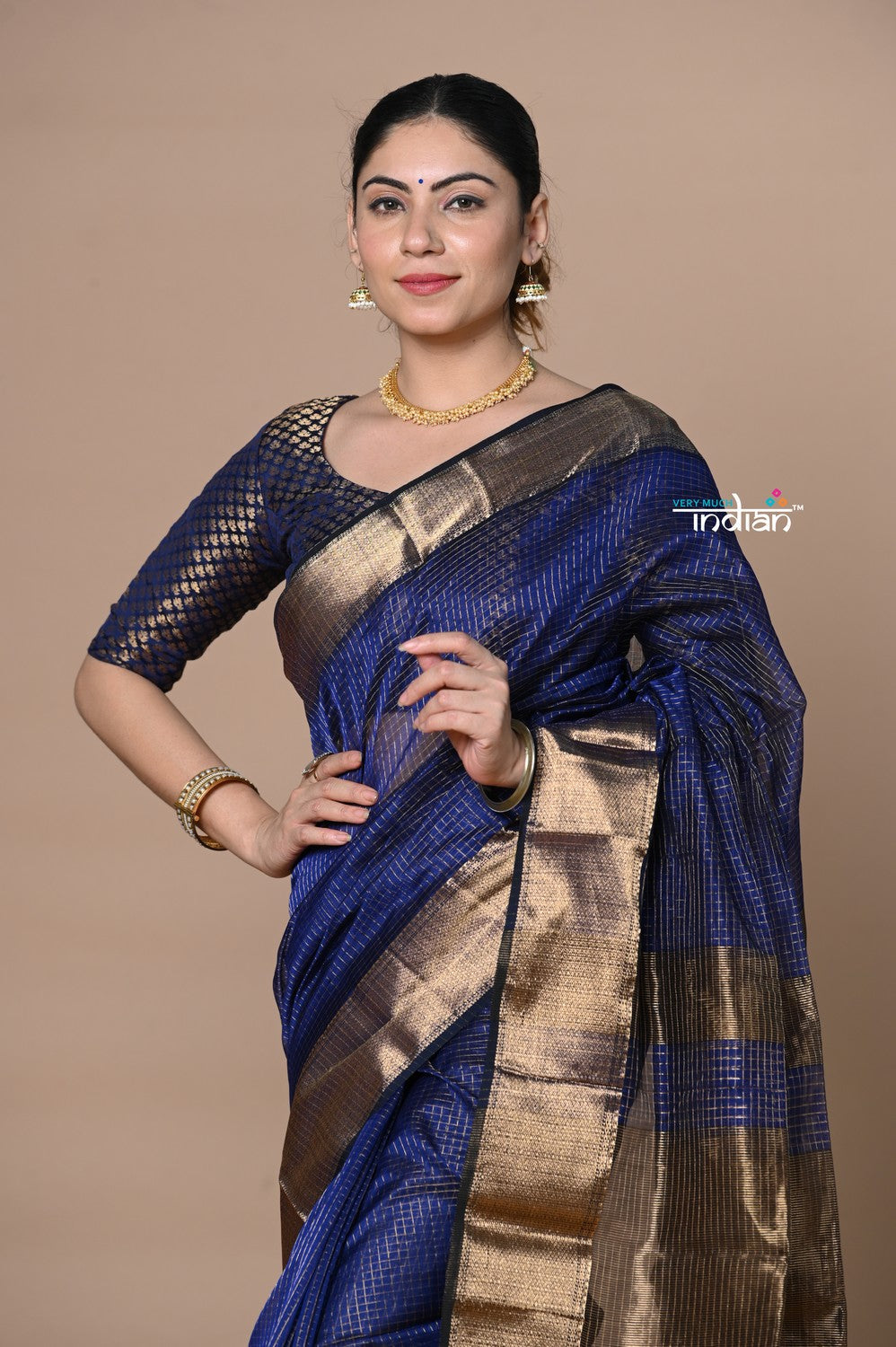 Very Much Indian Rajsi - Handloom Ari Checks Cotton Silk Saree with Golden Border - Dark Blue