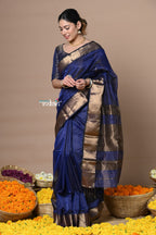 Very Much Indian Rajsi - Handloom Ari Checks Cotton Silk Saree with Golden Border - Dark Blue