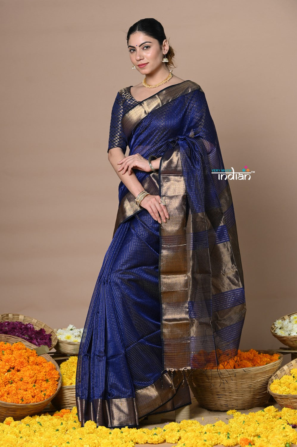 Very Much Indian Rajsi - Handloom Ari Checks Cotton Silk Saree with Golden Border - Dark Blue