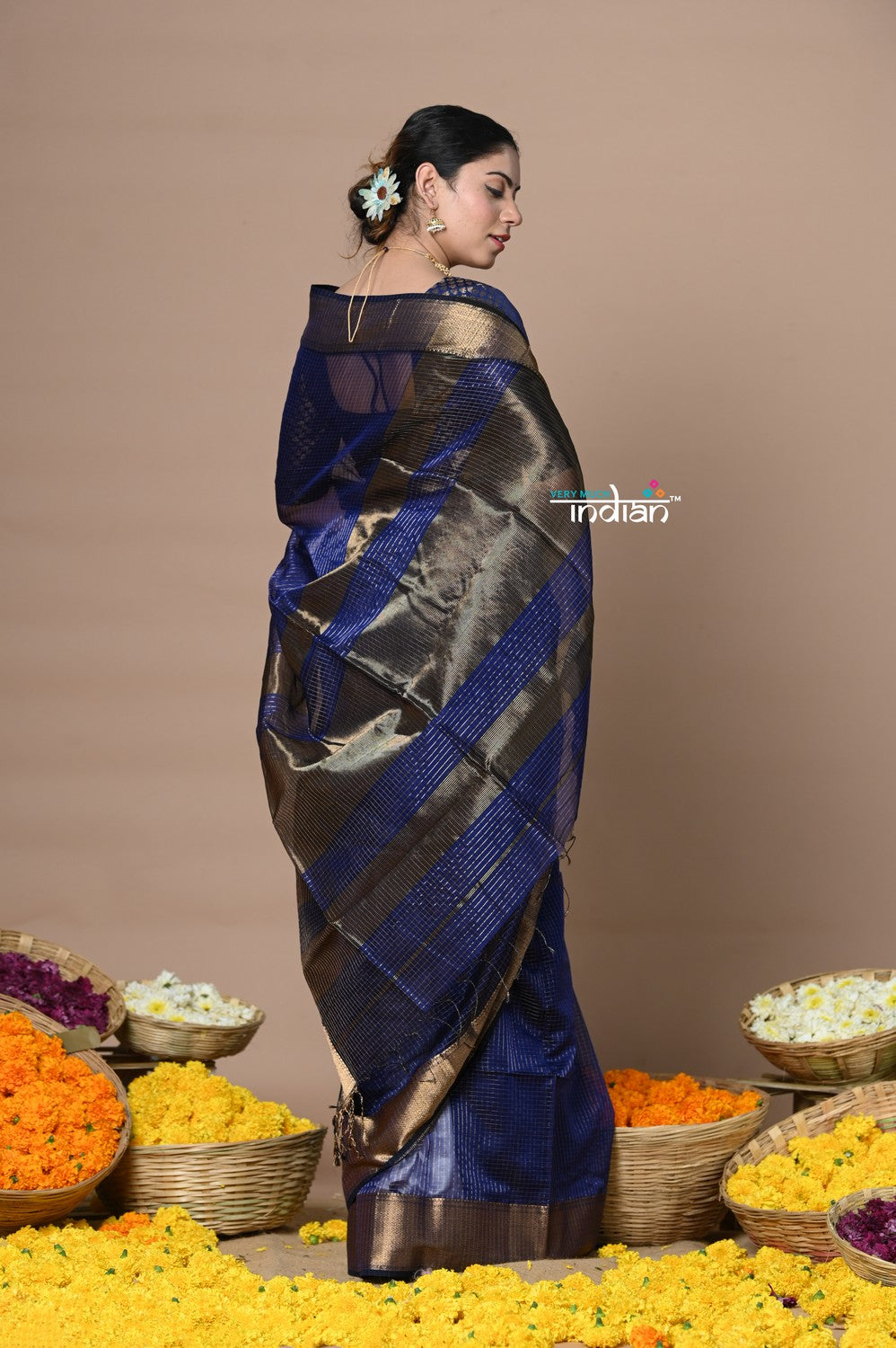 Very Much Indian Rajsi - Handloom Ari Checks Cotton Silk Saree with Golden Border - Dark Blue