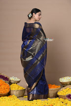 Very Much Indian Rajsi - Handloom Ari Checks Cotton Silk Saree with Golden Border - Dark Blue