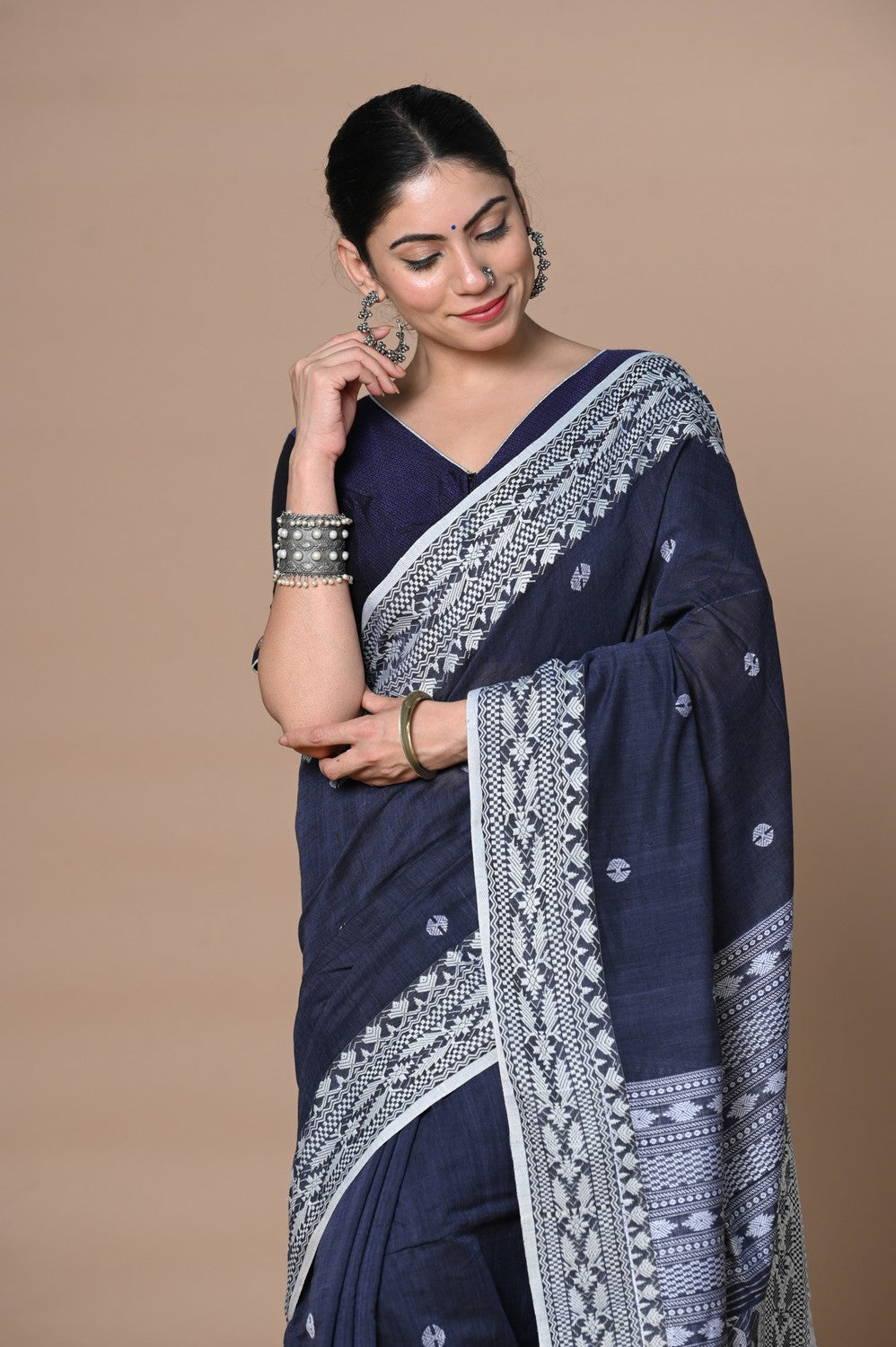 Very Much Indian Rajsi - Handloom Pure Cotton Saree with Hand-embroidered Symmetric Border - Dark Blue - Distacart