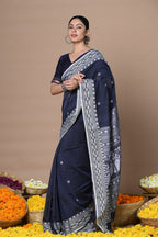 Very Much Indian Rajsi - Handloom Pure Cotton Saree with Hand-embroidered Symmetric Border - Dark Blue - Distacart