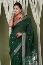 Very Much Indian EXCLUSIVE! Silver Zari Handloom Pure Cotton Paithani With Parrot Pallu - Forest Green - Distacart
