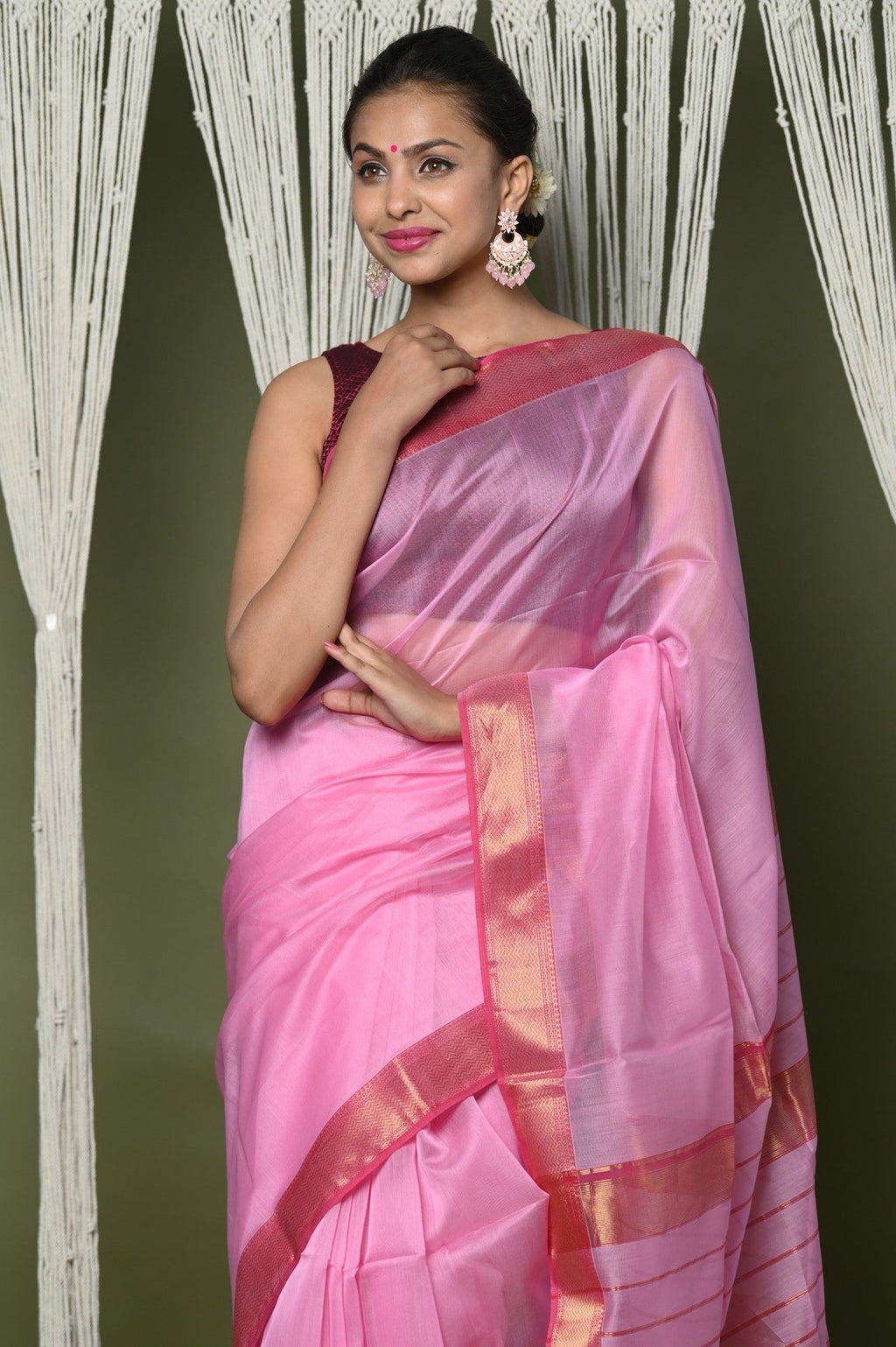 Very Much Indian Handloom Cotton Silk Saree With Sleek Golden Border - rose pink