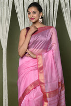 Very Much Indian Handloom Cotton Silk Saree With Sleek Golden Border - rose pink