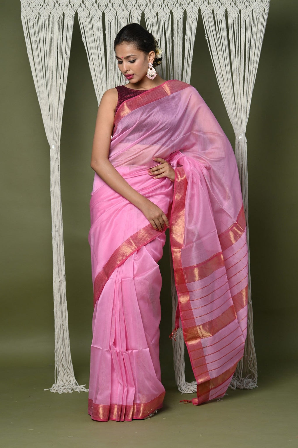 Very Much Indian Handloom Cotton Silk Saree With Sleek Golden Border - rose pink