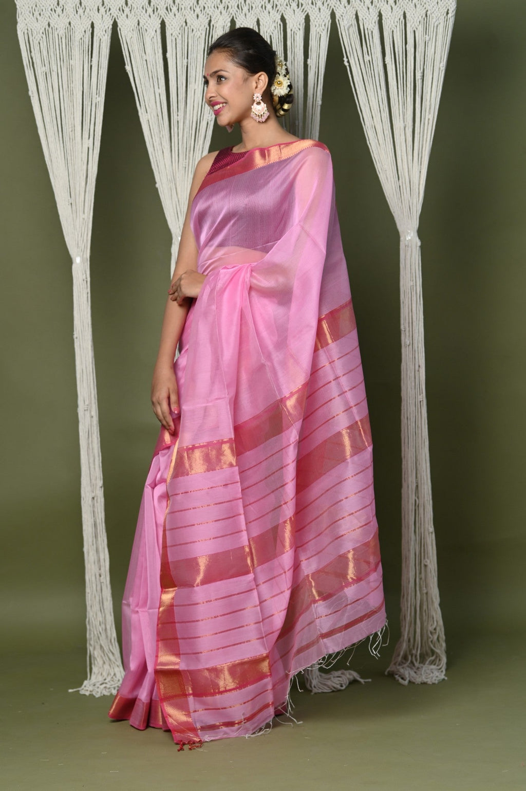 Very Much Indian Handloom Cotton Silk Saree With Sleek Golden Border - rose pink