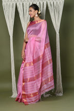 Very Much Indian Handloom Cotton Silk Saree With Sleek Golden Border - rose pink