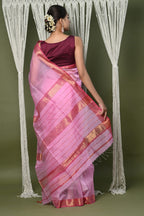 Very Much Indian Handloom Cotton Silk Saree With Sleek Golden Border - rose pink