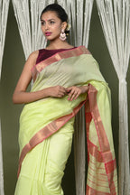 Very Much Indian Handloom Cotton Silk Saree With Sleek Golden Border - chartreuse green - Distacart