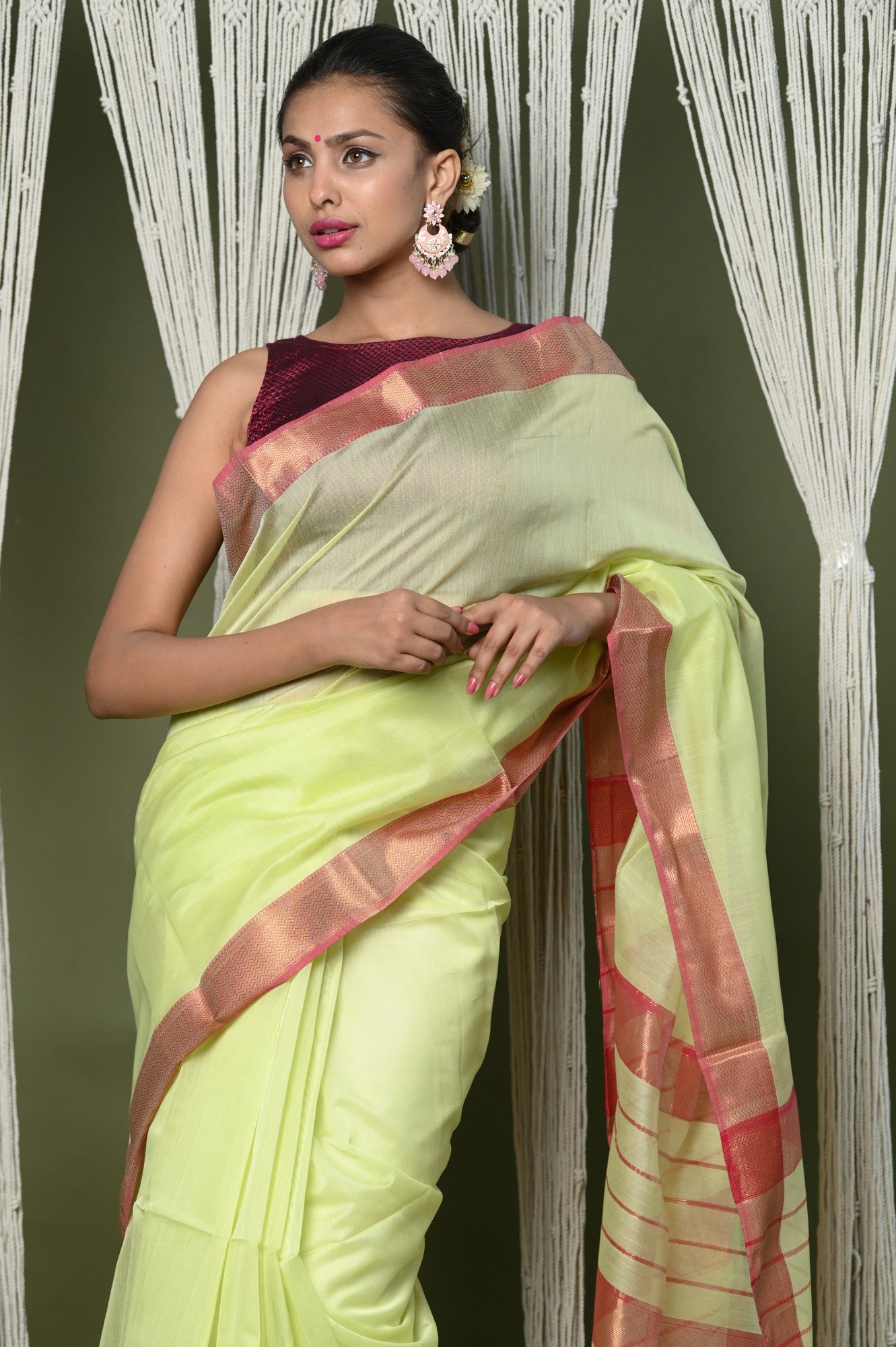 Very Much Indian Handloom Cotton Silk Saree With Sleek Golden Border - chartreuse green - Distacart