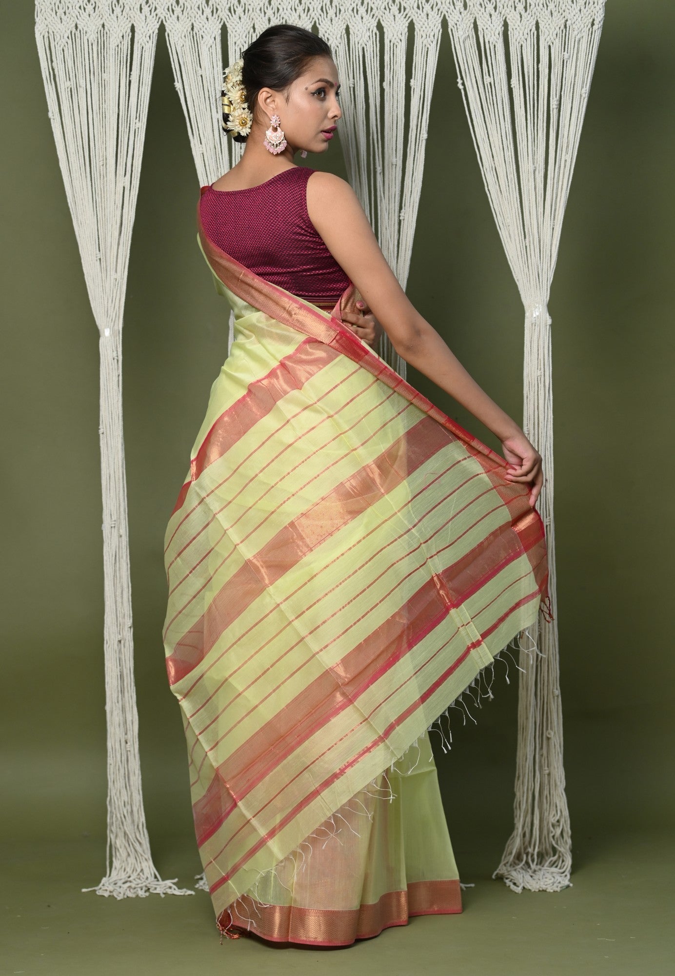 Very Much Indian Handloom Cotton Silk Saree With Sleek Golden Border - chartreuse green - Distacart