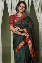 Very Much Indian Handloom Cotton Silk Saree With Sleek Golden Border - dark green