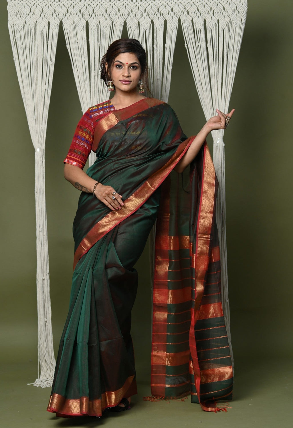 Very Much Indian Handloom Cotton Silk Saree With Sleek Golden Border - dark green