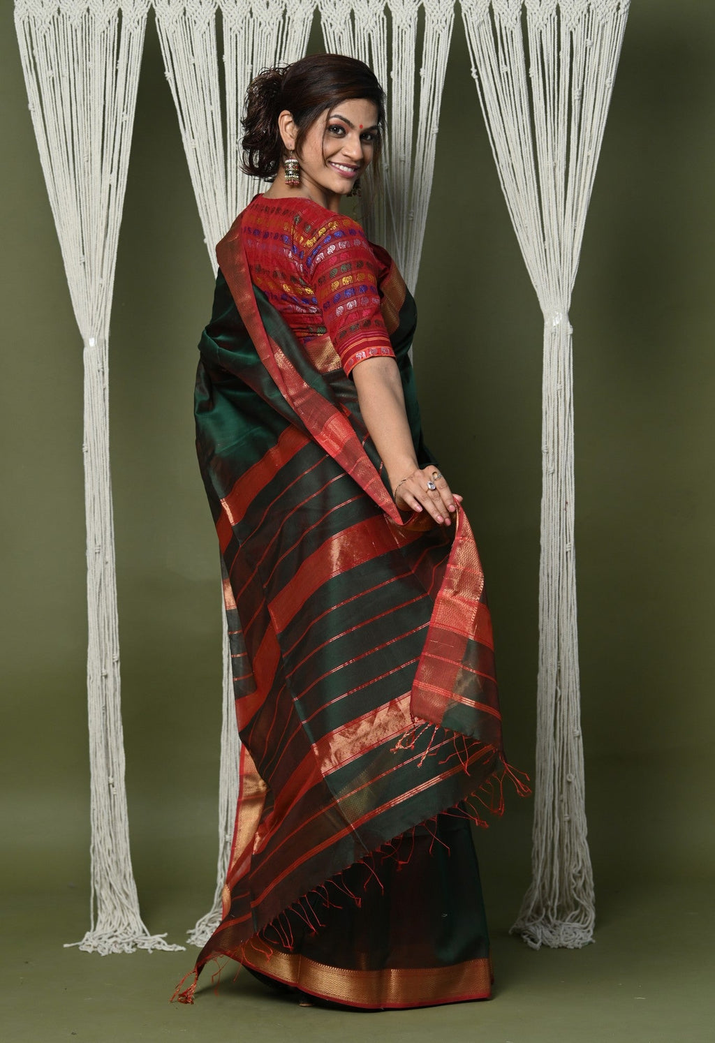 Very Much Indian Handloom Cotton Silk Saree With Sleek Golden Border - dark green
