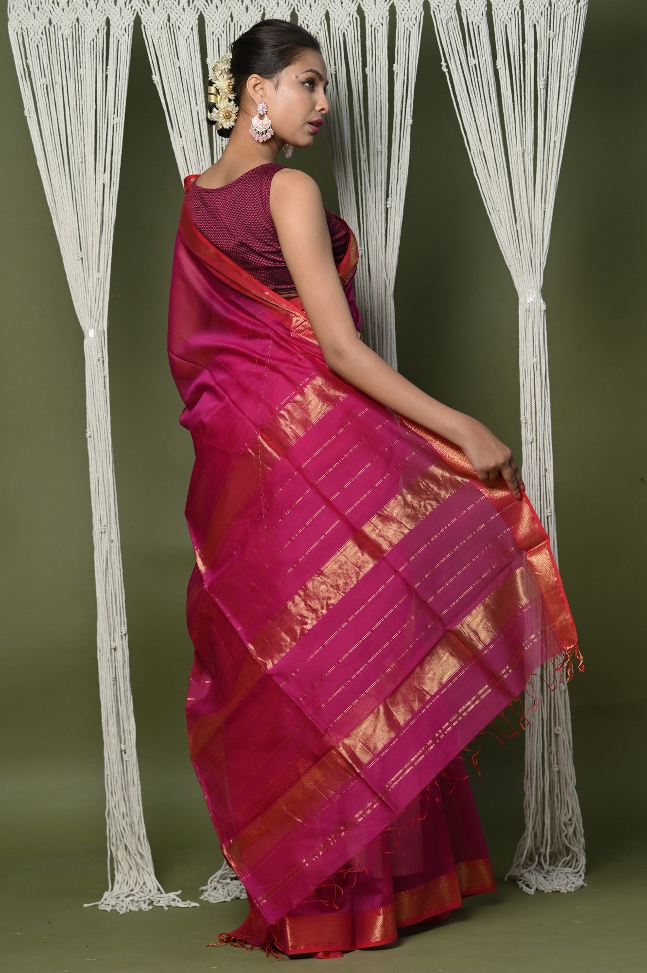 Very Much Indian Handloom Cotton Silk Saree With Sleek Golden Border - Red