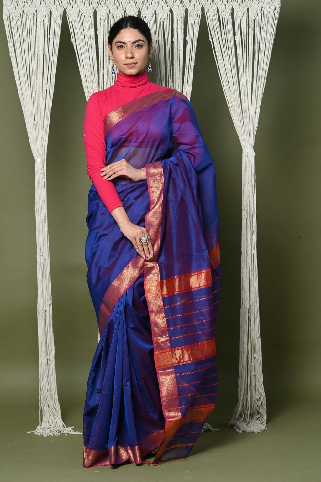 Very Much Indian Handloom Cotton Silk Saree With Sleek Golden Border - dark blue
