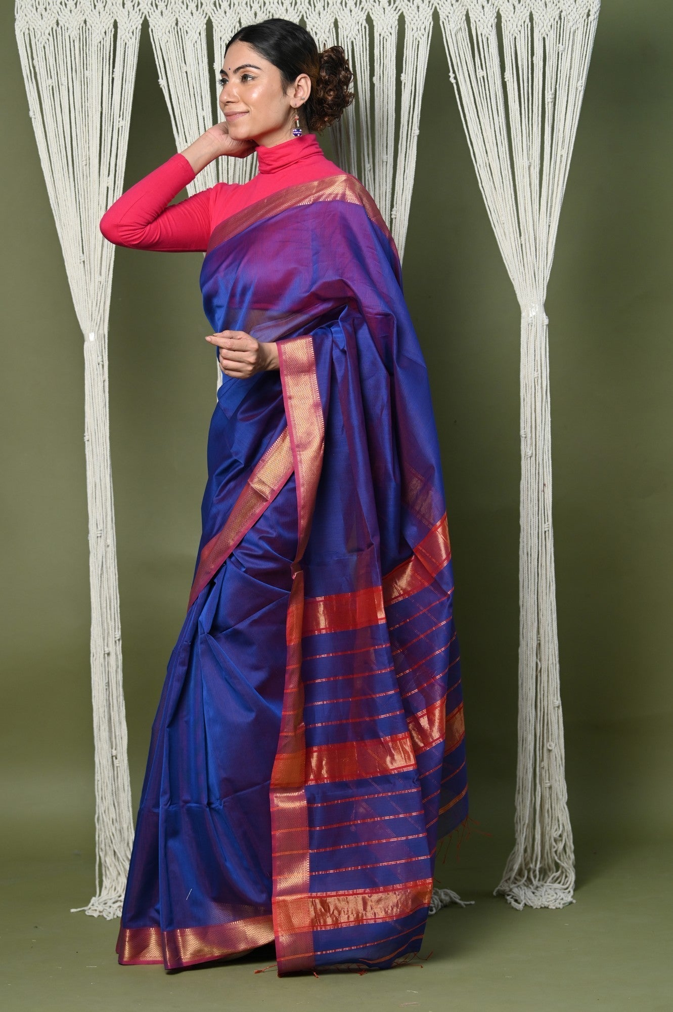 Very Much Indian Handloom Cotton Silk Saree With Sleek Golden Border - dark blue