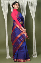 Very Much Indian Handloom Cotton Silk Saree With Sleek Golden Border - dark blue