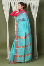 Very Much Indian Handloom Cotton Silk Saree With Sleek Golden Border - sky blue - Distacart