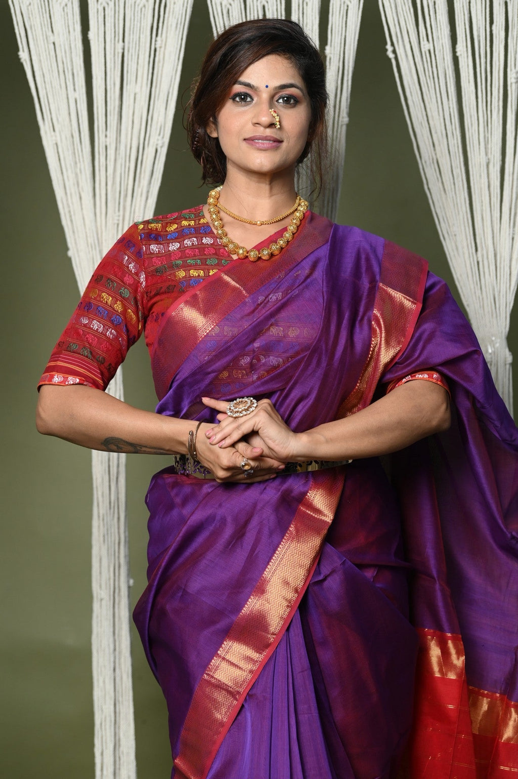 Very Much Indian Handloom Cotton Silk Saree With Sleek Golden Border - purple