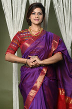 Very Much Indian Handloom Cotton Silk Saree With Sleek Golden Border - purple