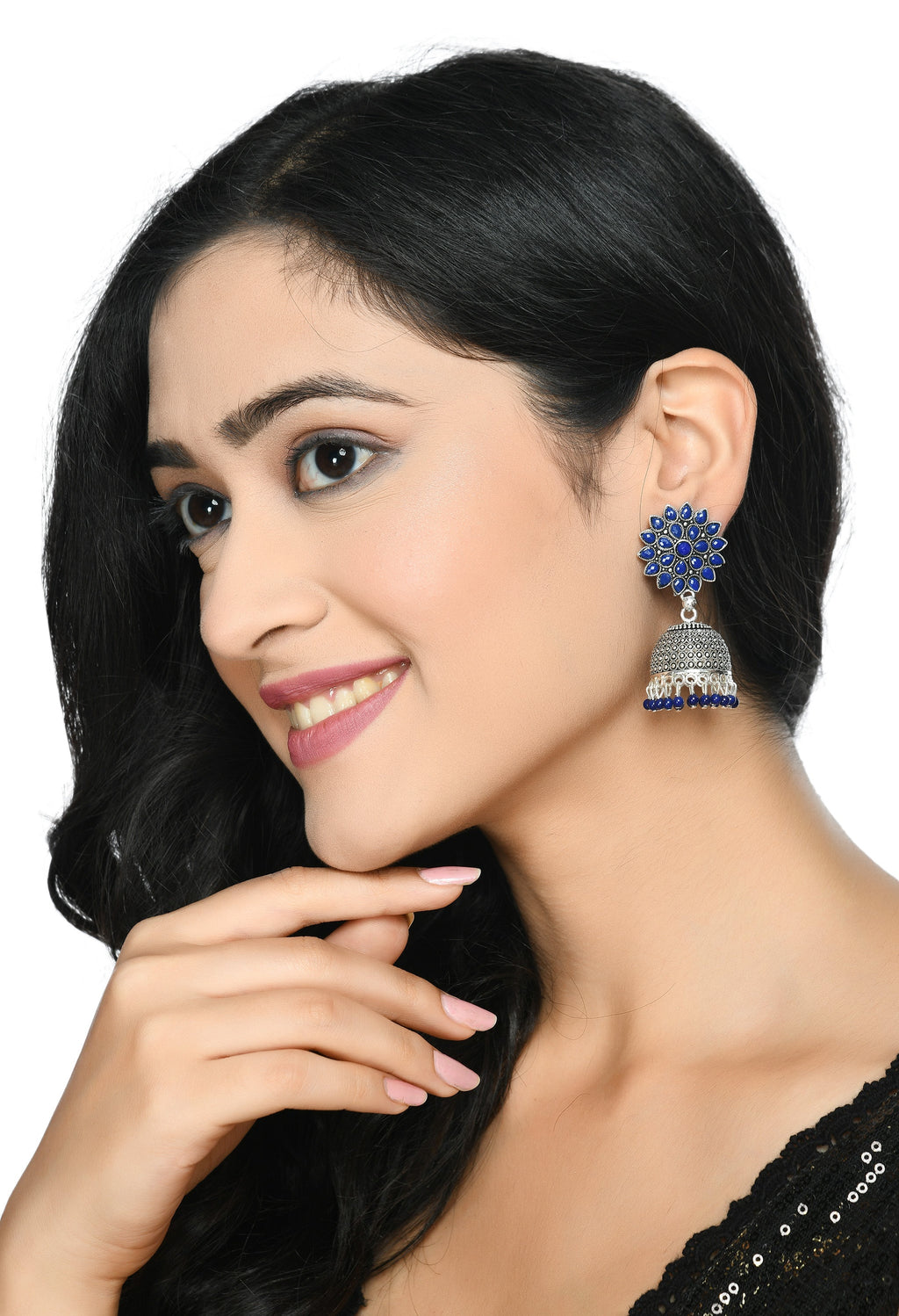Mominos Fashion Joharkamal Kundan work Jhumka with Blue Beads - Distacart